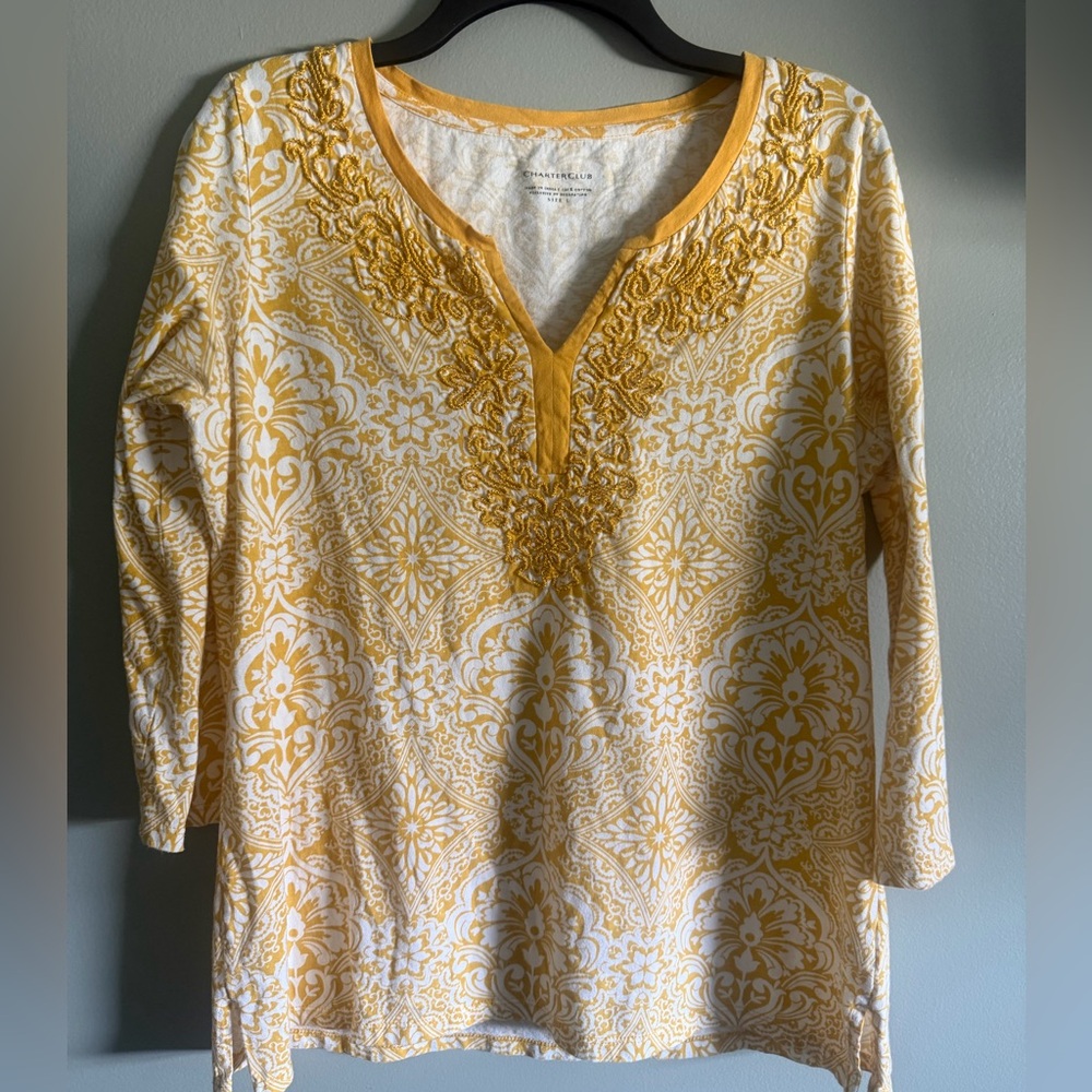 Charter Club Mustard Yellow beaded Paisley Tunic Blouse 3/4 sleeve size large